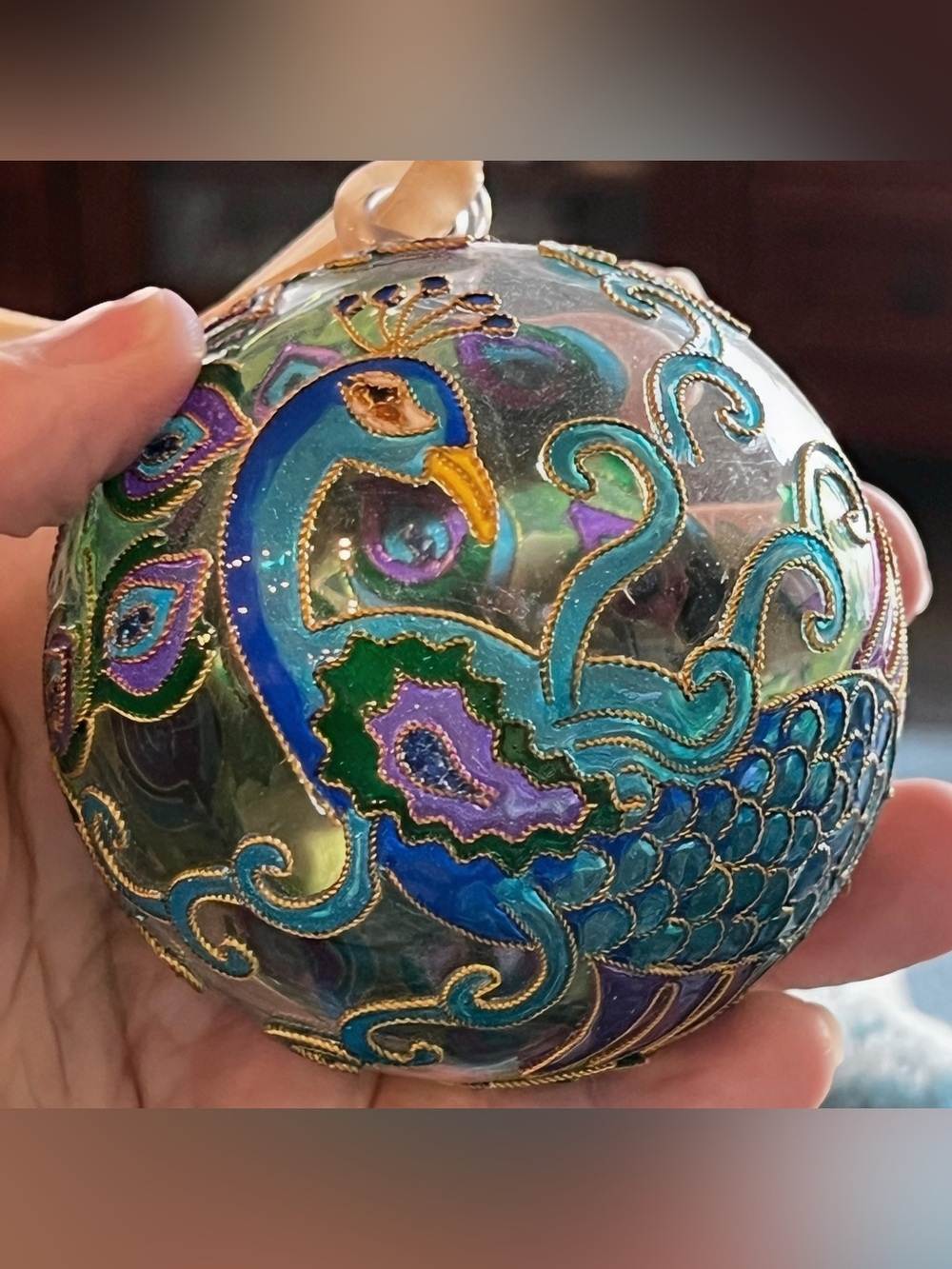 Peacock Cloisonne Round Glass Ornament Hand-Painted Peacock Glass Ornament
